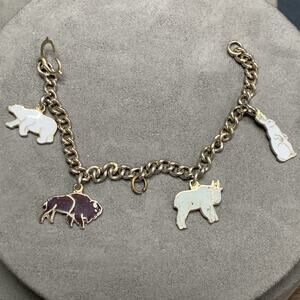 Vintage Animal Charm Bracelet Polar Bear, Bison, Rabbit, Goat, Scissor Clasp